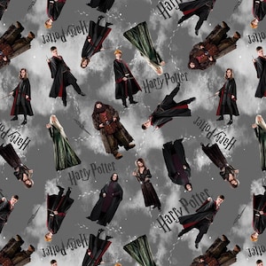 Op de afbeelding: Een herhalend patroon met personages uit de Harry Potter-serie, waaronder Harry, Ron, Hermelien, Hagrid en anderen. De personages zijn afgebeeld in hun Zweinstein-gewaden tegen een grijze achtergrond met de woorden "Harry Potter" en bliksemschichten.