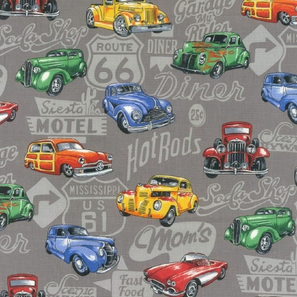 Classic Cars Retro Hot Rod Ute Grey and White Background Cotton Quilting Fabric 1/2 YARD