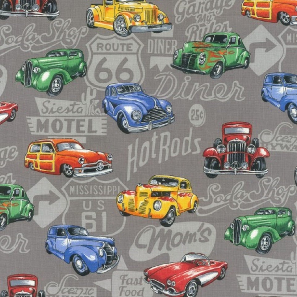 Classic Cars Retro Hot Rod Ute Grey and White Background Cotton Quilting Fabric 1/2 YARD