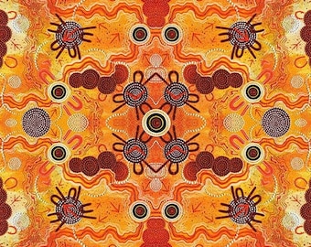 Könnte beinhalten: Ein farbenfrohes abstraktes Muster mit einem sich wiederholenden Design aus Kreisen, Punkten und Linien in Orange-, Rot-, Gelb- und Schwarztönen. Das Muster erinnert an die Kunst der Aborigines.