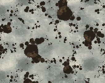 May include: A seamless pattern with a light gray background and dark brown splatter paint. The splatter paint is in various sizes and shapes, creating a dynamic and abstract design.