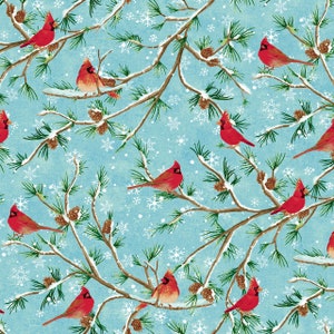 Winterwood Ice Blue Cardinals Christmas Cotton Quilting Fabric 1/2 YARD