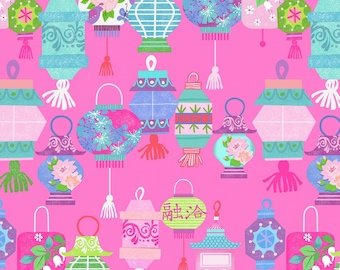 Geisha Girl Lucky Lanterns Blossom Cotton Quilting Fabric 1/2 YARD