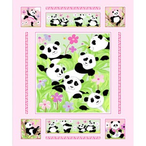 May include: A pink fabric with a repeating pattern of black and white panda bears in various poses. The pandas are surrounded by green leaves and pink flowers. The fabric is ideal for quilting, crafts, and home decor.