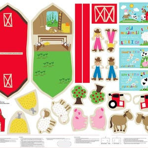 May include: A fabric play set with a red barn, farm animals, and farmer figures. The set includes a barn with interior details, a field, and various animal cutouts like sheep, pigs, and horses. The text "Old MacDonald had a farm" is also included.