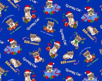 Grumpy Cat Christmas all-over blauwe katoenen quiltstof 1/2 YARD