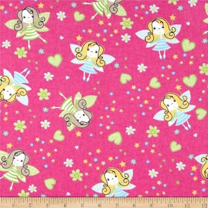 Fairies Hearts Flowers Fuchsia Cotton FLANNEL Quilting Fabric 1/2 YARD