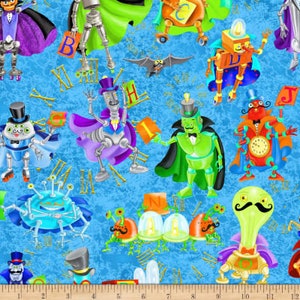 May include: A blue fabric with a repeating pattern of robots and other whimsical characters. The robots are wearing hats and holding letters of the alphabet. The fabric has a vintage feel and would be perfect for a child's room or a sewing project.
