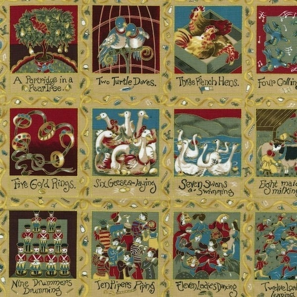 Twelve Days of Christmas Gold Metallic Highlights Cotton Quilting Fabric 1/2 YARD