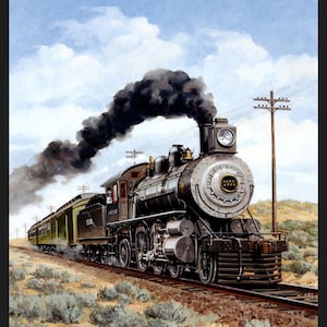 Pode incluir: Uma locomotiva a vapor preta com um comboio de passageiros verde atrás, a sair de uma estação. O comboio viaja através de uma paisagem desértica com um céu azul e nuvens brancas no fundo. A locomotiva é numerada "1000".