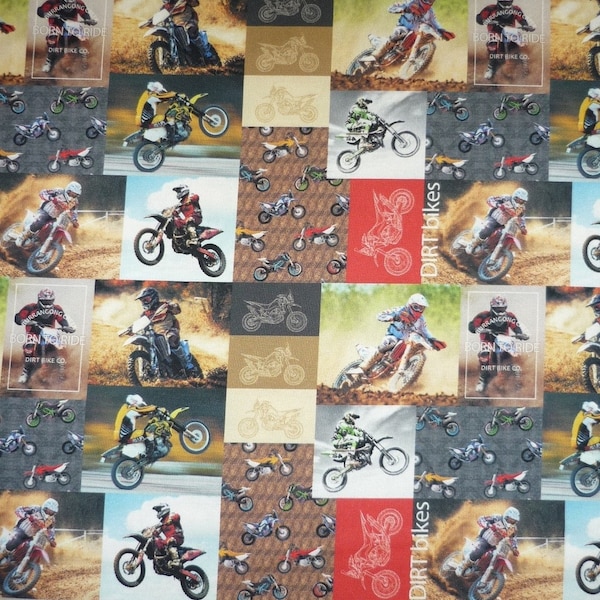 Dirt Bikes Motorbikes Block Collage Allover Cotton Quilting Fabric 1/2 YARD