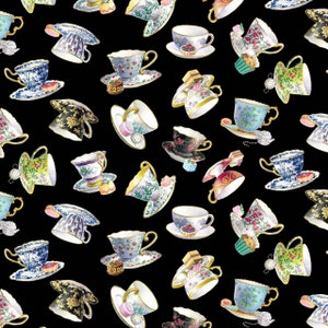 Fancy Tea Teetassen Tossed Black Metallic Highlights 34001E-BLACK Baumwolle Quilting Fabric 1/2 YARD