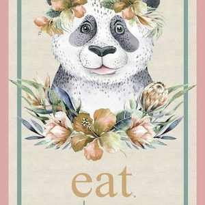 Könnte beinhalten: Aquarell-Illustration eines Pandas mit Blumenkrone und -kragen. Der Panda hat schwarze Ohren und Augenpatches. Der Text "eat, sleep, be cute" steht unter dem Panda.
