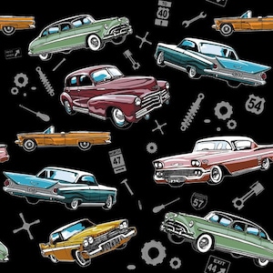 Tela acolchada de algodón negro con diseño de coches clásicos, 1/2 yarda
