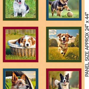 Op de afbeelding: Een paneel van stof met een collage van zes afbeeldingen van honden. De afbeeldingen zijn in een rasterpatroon met drie rijen en twee kolommen gerangschikt. De honden zijn allemaal van verschillende rassen en worden in verschillende poses getoond. De stof is licht beige van kleur met een groene rand. De afmetingen van het paneel zijn ongeveer 24 inch bij 44 inch.