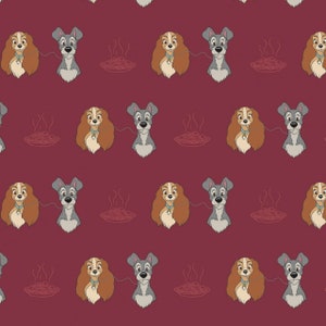 Disney Lady and the Tramp Spaghetti Burgundy Cotton Quilting Fabric 1/2 YARD