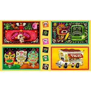 Op de afbeelding: Een kleurrijke illustratie van een Mexicaans thema met vier verschillende scènes. De scène linksboven toont een bord met de tekst "Come Muy Bien". De scène rechtsboven toont een monster met een kroon. De scène linksonder toont drie luchador-maskers. De scène rechtsonder toont een taco-truck met de tekst "Mis Tacos Son Nuestra Casa" en "Tacos" aan de zijkant.