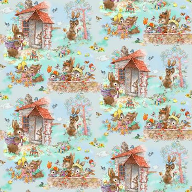 Bunny Tails Easter Bunnies Sky Scenic 9766-011 Cotton Quilting Fabric 1/2 YARD image 1