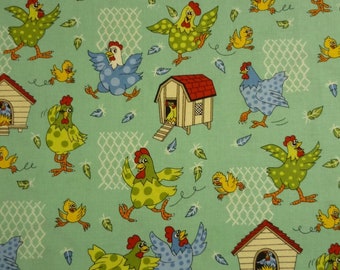 Farm Fun Chickens Hens Roosters Cotton Quilting Fabric 1/2 YARD