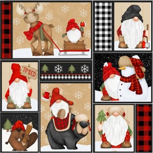 May include: A digital collage featuring various gnomes, a moose, a bear, a beaver, and a snowman. The gnomes are wearing red hats and have white beards. The moose is brown with antlers and a red scarf. The bear is black with a red and black plaid scarf. The beaver is brown with a red and black plaid scarf. The snowman is white with a red and black plaid scarf. The background is a beige and black plaid pattern.