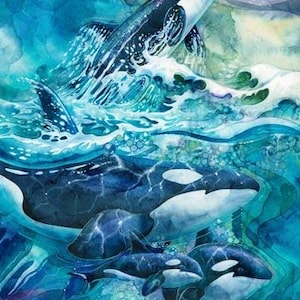 Puede incluir: Pintura a la acuarela de orcas en tonos azules y turquesas. Una orca salta del agua, mientras que otras nadan debajo. El tamaño del panel es de 109 cm x 71 cm.