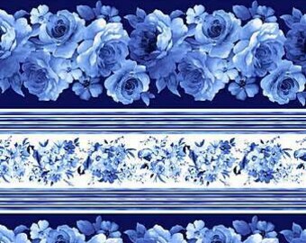 Bluebird Large Flower Stripe C8446-Blue Cotton Quilting Fabric 1/2 YARD