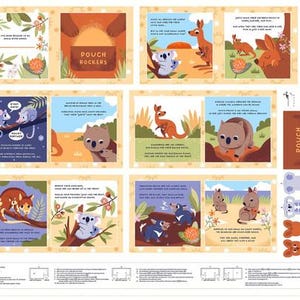 May include: A fabric panel with illustrations of Australian animals such as kangaroos, koalas, and wombats. The panel has a pale yellow background with text and illustrations. The text reads "Pouch Rockers" and includes animal cut-out shapes.