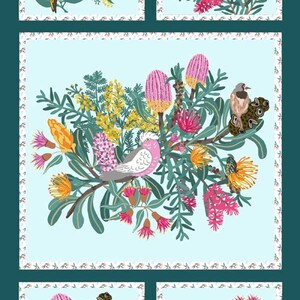 Australian Native Bouquet Birds and Flowers Cotton Quilting Fabric Panel