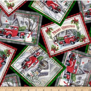 Natale Inverno Saluti Rosso Camion Cartoline Nero Cotone Quilting Tessuto 1/2 YARD