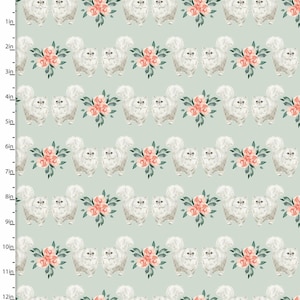 May include: A seamless pattern featuring white Persian cats with fluffy tails and pink flowers on a light green background.