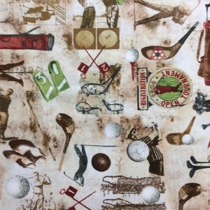 Golf Vintage Sport Kaffee farbiger Hintergrund Baumwolle Quilt Stoff 1/2 HOF