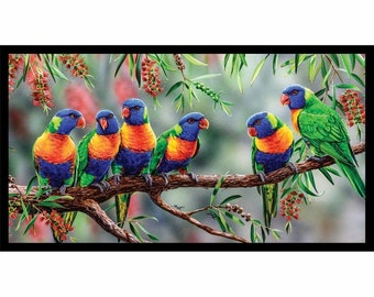 Panneau de tissu de courtepointe en coton Australian Wildlife Art 4 loriquets