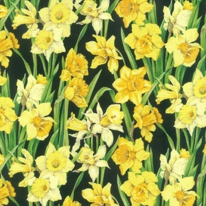 Daffodils Jonquils Yellow Black Background Cotton Quilting Fabric 1/2 YARD