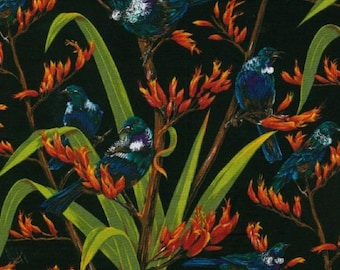 New Zealand Flax and Birds Black Background Cotton Quilting Fabric 1/2 YARD