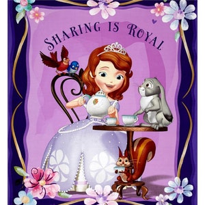 May include: A purple and gold framed illustration featuring a princess with red hair and a purple dress pouring tea from a teapot. The text "Sharing is Royal" is written in a purple banner at the top of the image.