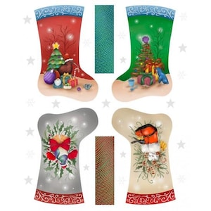 May include: Four Christmas stocking designs. Two stockings feature a red and green background with a Christmas tree, gifts, and ornaments. The other two stockings have a silver and tan background with festive decorations.