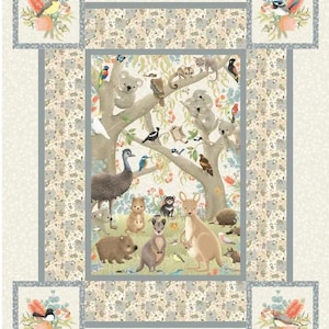 May include: A colourful illustration of Australian animals in a woodland setting. The illustration features a variety of animals, including koalas, kangaroos, wombats, echidnas, and birds. The animals are depicted in a whimsical style, with bright colours and playful details.