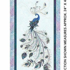 Panel z tkaniny bawełnianej pikowanej Peacock Flourish Light Teal Metallic Highlights