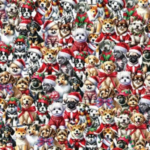 Könnte beinhalten: Ein lebendiges, festliches Bild mit einer Collage verschiedener Hunderassen. Viele Hunde sind in festlicher Kleidung gekleidet, darunter Weihnachtsmützen, rote Pullover und Fliegen. Das Gesamtthema ist fröhlich und festlich, perfekt für die Weihnachtszeit.