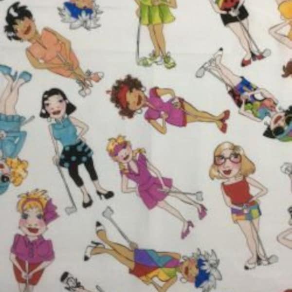 Golf Happy Golfer Girls Tossed White Background by Loralie Cotton Quilting Fabric 1/2 YARD