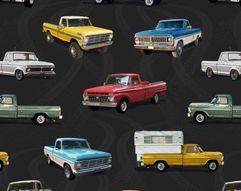 Vintage Vehicles Ford Utes Allover Charcoal 1043K Cotton Quilting Fabric 1/2 YARD