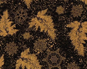 Holiday Flourish 12 Christmas Metallic Gold Leaves Black Background Cotton Quilting Fabric 1/2 YARD