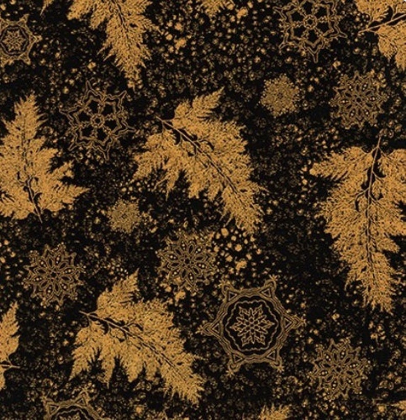 Holiday Flourish 12 Christmas Metallic Gold Leaves Black Background Cotton Quilting Fabric 1/2 YARD image 1