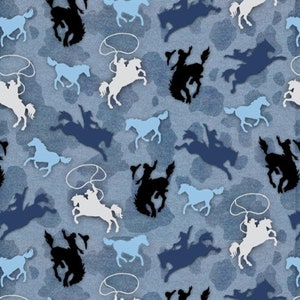 Sunset Rodeo Cowboy on a Bucking Horse Silhouette Blue 9151 11 Cotton Quilting Fabric 1/2 YARD