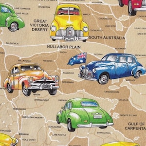 茶色のオーストラリア地図に描かれた古いホールデン車 コットン キルティング生地 1/2 ヤード