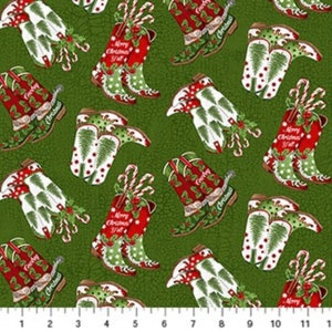 Howdy Christmas Cowboy Boot Toss Green Cotton Quilting Fabric 1/2 YARD