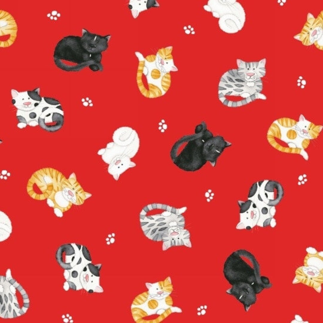 Cats Meow Cats Tossed Mini Red Henry Glass Cotton Quilting Fabric 1/2 ...