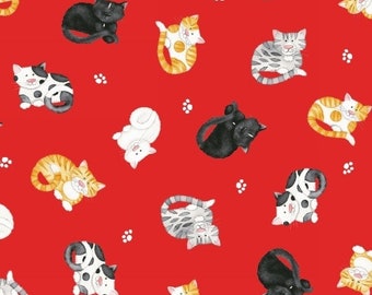 Cats Meow Cats jeté Mini Red Henry Glass Cotton Quilting Tissu 1/2 YARD