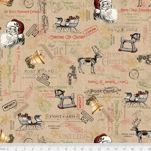 North Pole Express Christmas Holiday Words and Images Beige Cotton Quilting Fabric 1/2 YARD