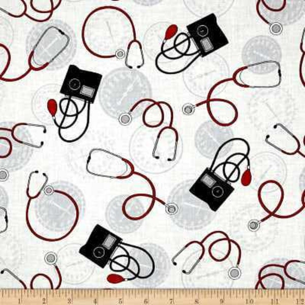 Calling All Nurses Stethoscope Blood Pressure White Cotton Quilting Fabric 1/2 YARD